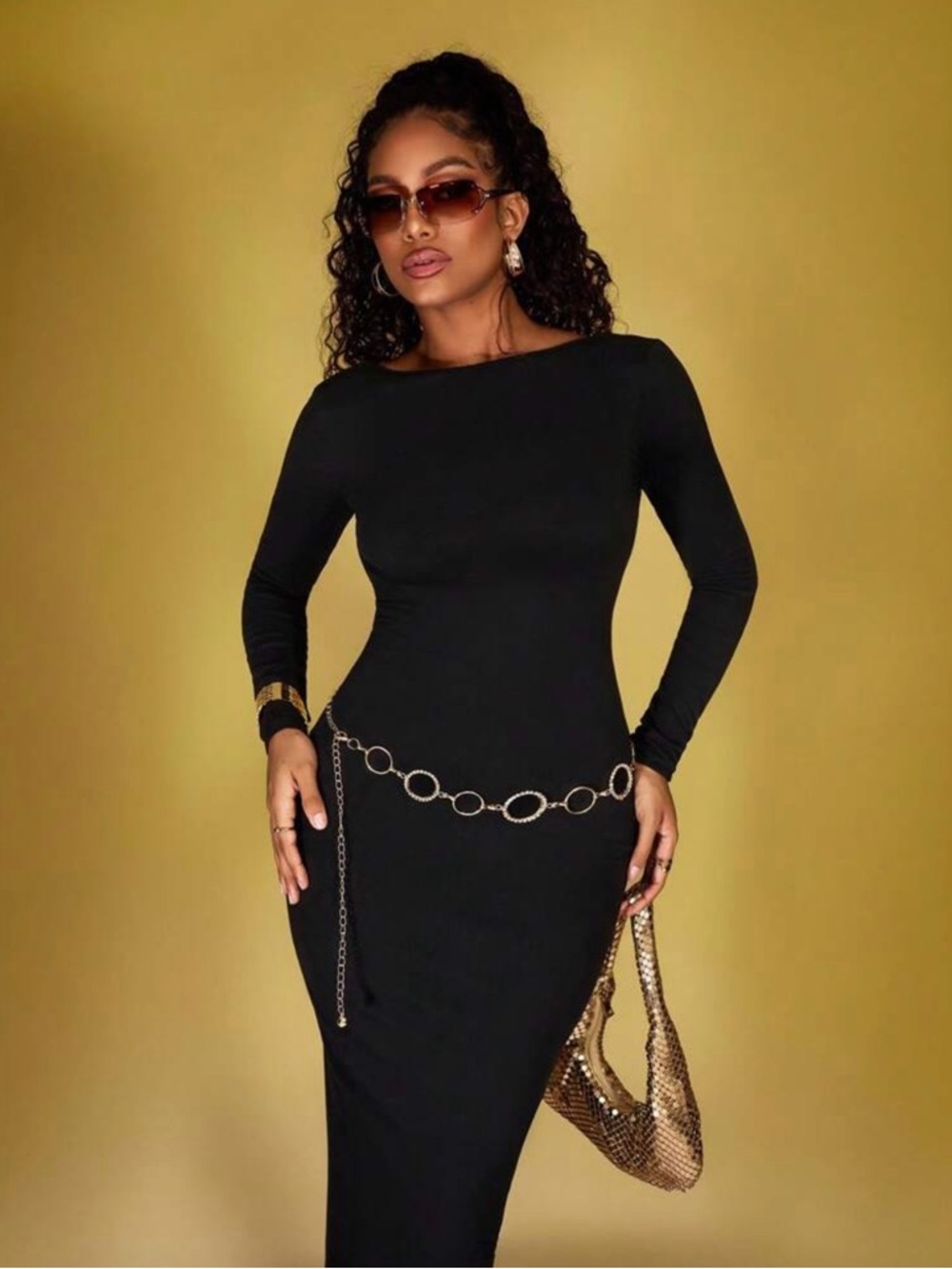 Black Long-Sleeve Bodycon Dress with Chain Detail - Picture 2 of 8